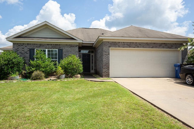 6074 White Pine Dr, Midland, GA 31820 - ranch-style home with brick siding, concrete driveway, a garage, and a front lawn