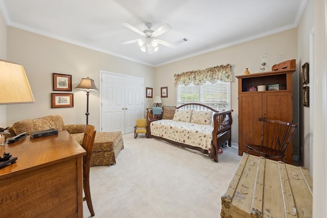 9011 Travelers Way, Midland, GA 31820 - bedroom with ornamental molding, carpet flooring, a closet, and a ceiling fan