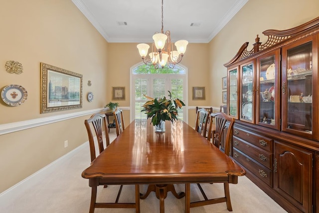 9011 Travelers Way, Midland, GA 31820 - dining area with light carpet, a chandelier, and crown molding