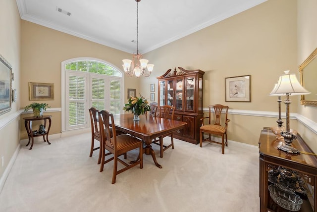 9011 Travelers Way, Midland, GA 31820 - dining space with light colored carpet, a chandelier, ornamental molding, and baseboards
