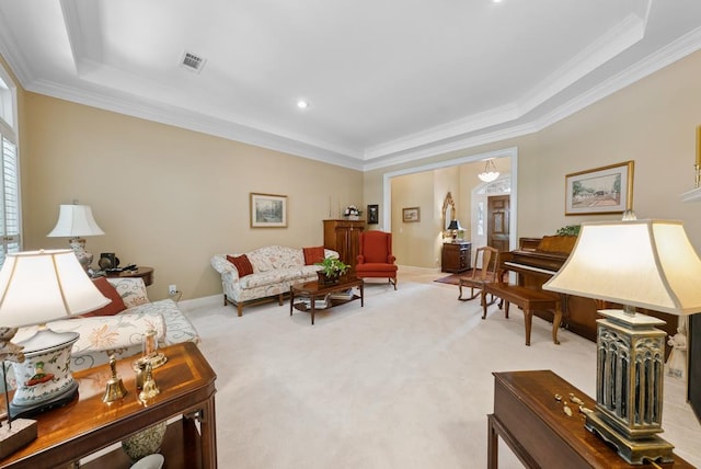 9011 Travelers Way, Midland, GA 31820 - living room with light colored carpet, ornamental molding, a raised ceiling, and baseboards