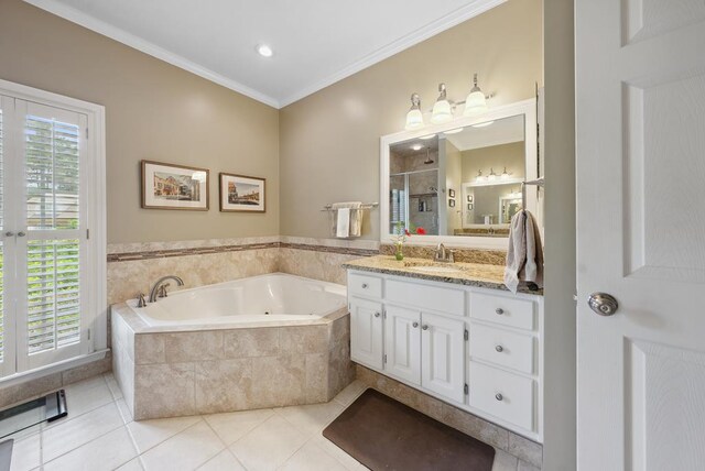 9011 Travelers Way, Midland, GA 31820 - bathroom with vanity, a bath, tile patterned flooring, a stall shower, and crown molding