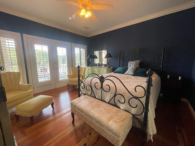 219 Broken Rock Rd, Hamilton, GA 31811 - bedroom with access to outside, wood finished floors, crown molding, a ceiling fan, and french doors