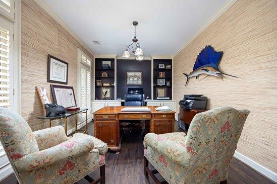 219 Broken Rock Rd, Hamilton, GA 31811 - office area with crown molding, dark wood finished floors, and a chandelier