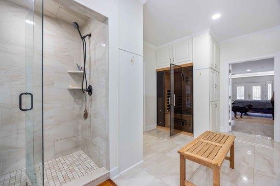 219 Broken Rock Rd, Hamilton, GA 31811 - full bath featuring ornamental molding, a shower stall, and recessed lighting