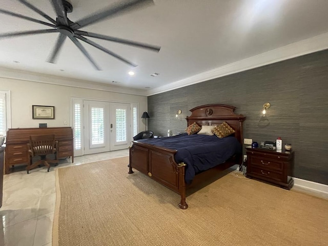 219 Broken Rock Rd, Hamilton, GA 31811 - bedroom featuring access to outside, crown molding, french doors, tile patterned flooring, and a ceiling fan