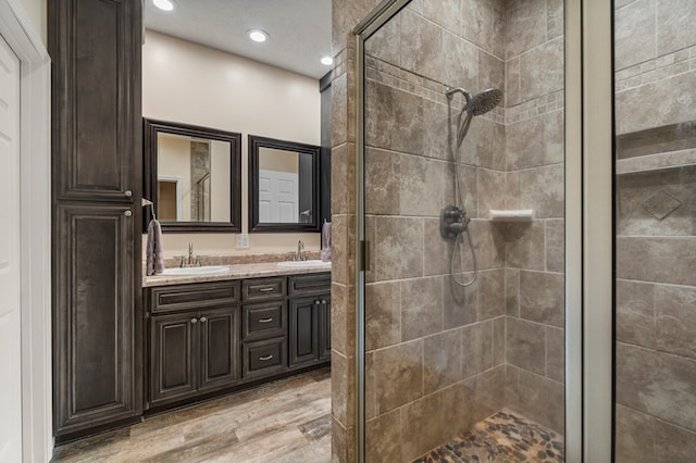 bathroom with wood finished floors, a sink, a stall shower, and double vanity