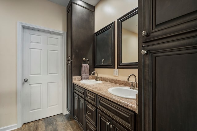 full bath featuring a sink, double vanity, and wood finished floors