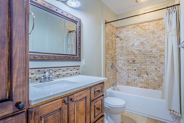 full bathroom with shower / tub combo, tasteful backsplash, toilet, crown molding, and vanity