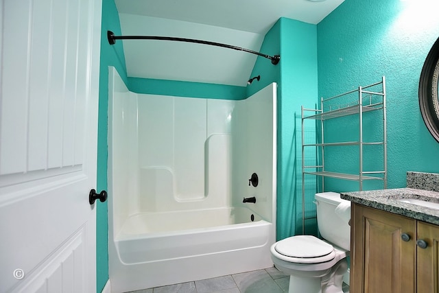 full bathroom with toilet, tile patterned flooring, vanity, and washtub / shower combination