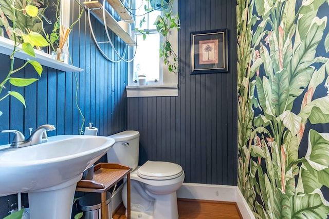 bathroom featuring toilet, baseboards, a sink, and wood finished floors