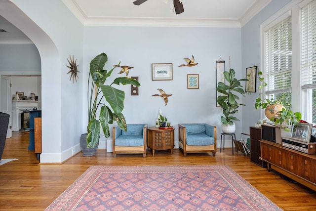living area with ornamental molding, a ceiling fan, wood finished floors, and arched walkways
