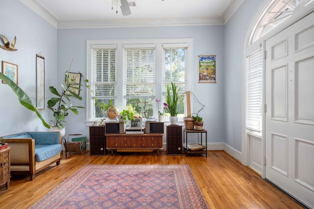 entrance foyer featuring crown molding, a ceiling fan, a wealth of natural light, and hardwood / wood-style floors