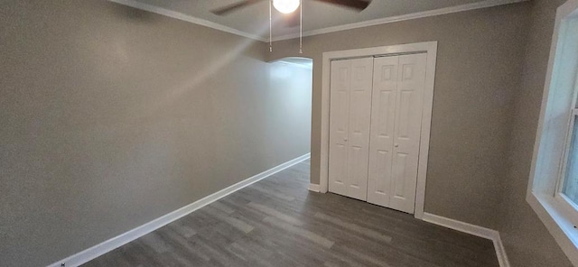 3315 Urban Ave, Columbus, GA 31907 - unfurnished dining area with dark wood finished floors, crown molding, and a ceiling fan