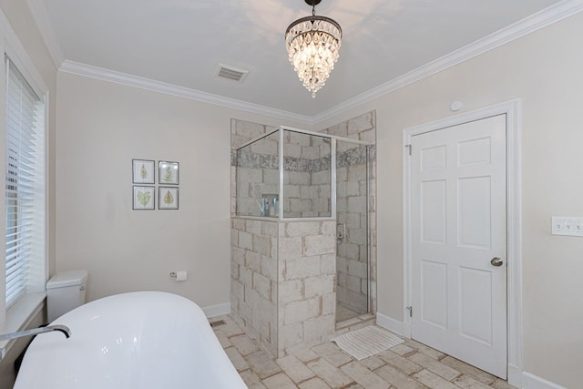 bathroom featuring toilet, crown molding, plus walk in shower, and a chandelier