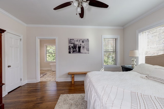 bedroom featuring ceiling fan, ornamental molding, and multiple windows