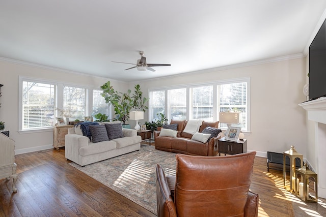 living room featuring wood-type flooring, ceiling fan, and crown molding