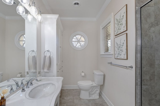 bathroom featuring walk in shower, sink, ornamental molding, and toilet