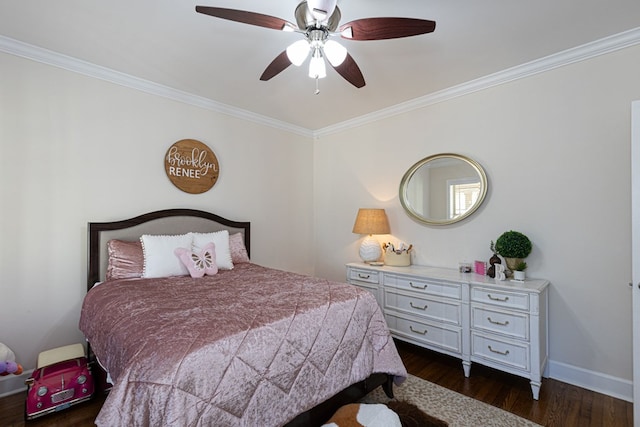 bedroom with ceiling fan, ornamental molding, and dark wood-type flooring