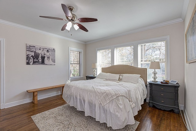 bedroom with ceiling fan, crown molding, and dark hardwood / wood-style floors