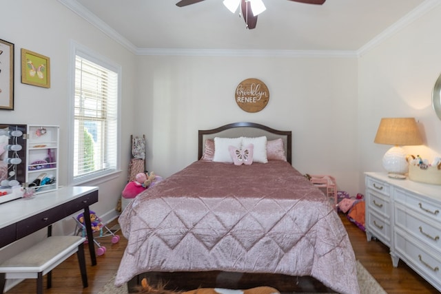 bedroom featuring dark hardwood / wood-style flooring, ceiling fan, crown molding, and multiple windows