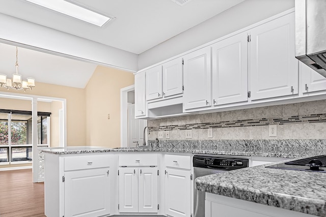 kitchen featuring dishwasher, a peninsula, white cabinetry, and decorative backsplash