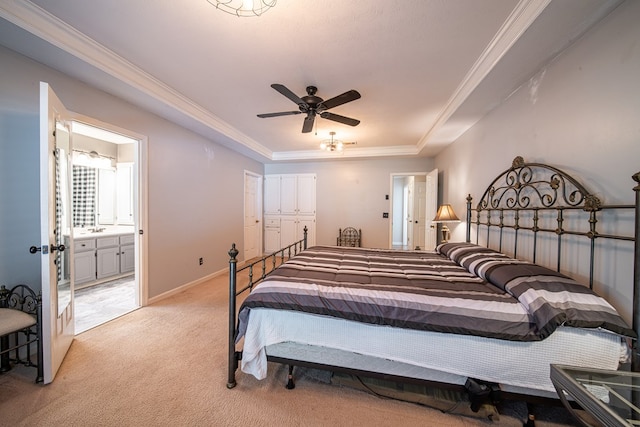 5 Mallard Ct, Midland, GA 31820 - bedroom with light carpet, a tray ceiling, ornamental molding, a closet, and connected bathroom