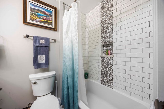 bathroom with toilet and shower / bathtub combination with curtain