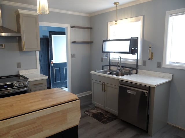 kitchen with crown molding, dark wood-type flooring, appliances with stainless steel finishes, wall chimney exhaust hood, and a sink