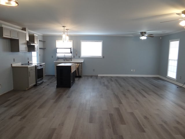 kitchen with a wealth of natural light, stainless steel electric range, and ornamental molding