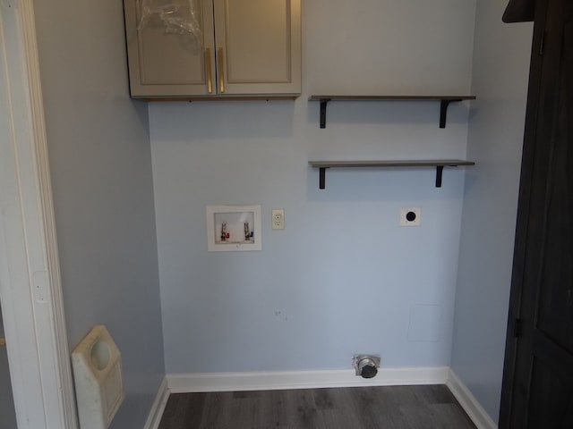 laundry room featuring electric dryer hookup, dark wood finished floors, cabinet space, baseboards, and hookup for a washing machine