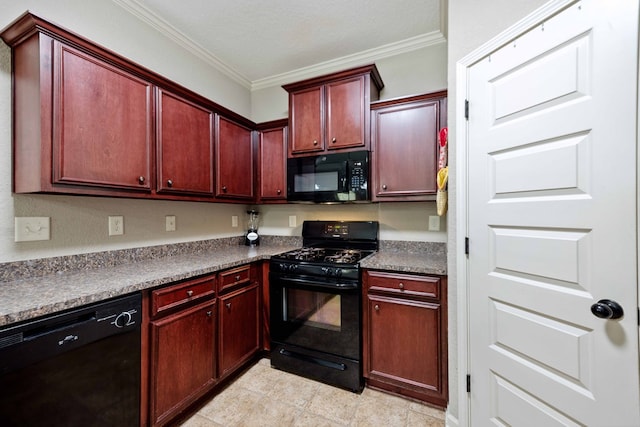 1417 Cloverdale Rd, Columbus, GA 31904 - kitchen featuring black appliances, dark brown cabinets, ornamental molding, and dark countertops