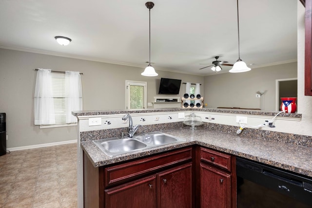1417 Cloverdale Rd, Columbus, GA 31904 - kitchen with dishwasher, reddish brown cabinets, dark countertops, a ceiling fan, and plenty of natural light