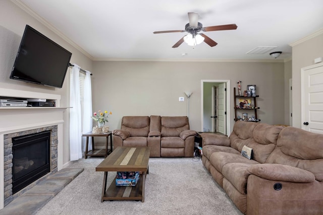 1417 Cloverdale Rd, Columbus, GA 31904 - living room with ornamental molding, ceiling fan, carpet flooring, and a fireplace