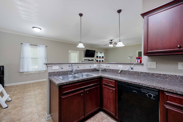 1417 Cloverdale Rd, Columbus, GA 31904 - kitchen featuring black dishwasher, reddish brown cabinets, crown molding, dark countertops, and decorative light fixtures