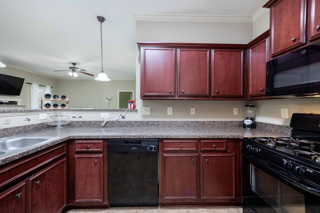 1417 Cloverdale Rd, Columbus, GA 31904 - kitchen featuring black appliances, dark brown cabinets, crown molding, ceiling fan, and dark countertops