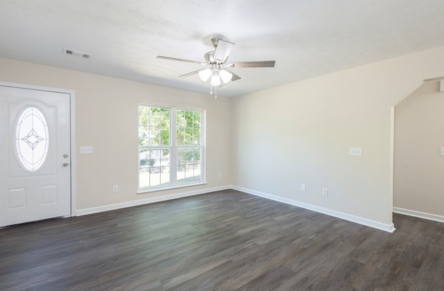 924 Vista Dr, Columbus, GA 31907 - foyer featuring visible vents, a ceiling fan, dark wood-type flooring, arched walkways, and baseboards