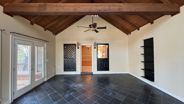 interior space with beamed ceiling, high vaulted ceiling, ceiling fan, and wood ceiling