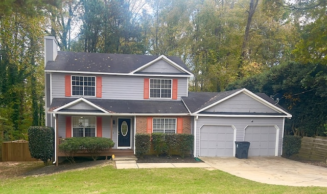6840 Hidden Lake Dr, Rex, GA 30273 - traditional-style house with a chimney, an attached garage, a porch, driveway, and roof with shingles
