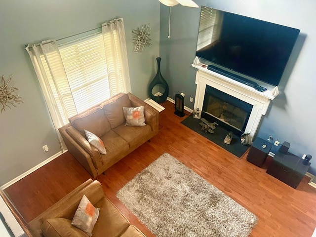 6840 Hidden Lake Dr, Rex, GA 30273 - living area featuring wood finished floors, a fireplace with flush hearth, and ceiling fan