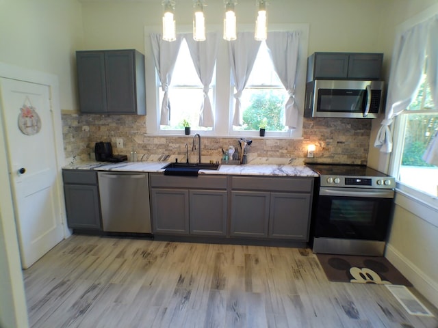 kitchen with sink, stainless steel appliances, hanging light fixtures, and light hardwood / wood-style flooring