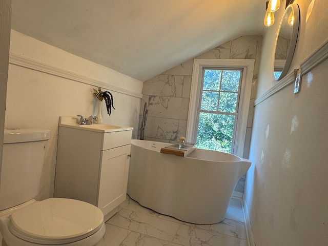 bathroom with a bathtub, toilet, vanity, and vaulted ceiling