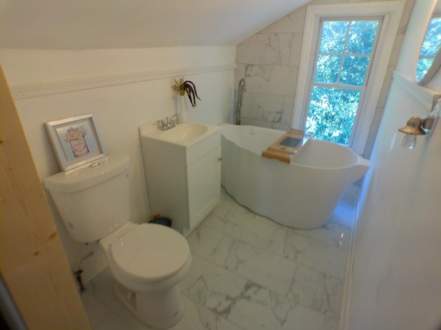 bathroom with a bathtub, vanity, vaulted ceiling, and toilet