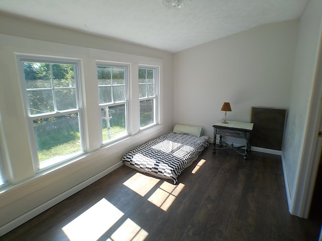 bedroom featuring a textured ceiling and dark hardwood / wood-style floors