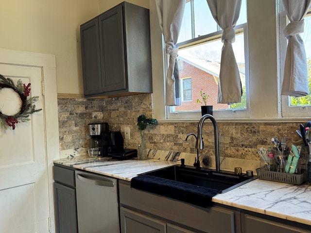 kitchen featuring decorative backsplash, stainless steel dishwasher, and a wealth of natural light