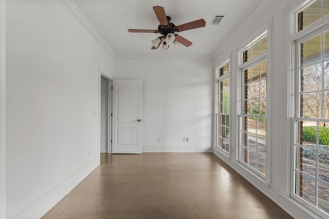 unfurnished room featuring ceiling fan, crown molding, and hardwood / wood-style flooring