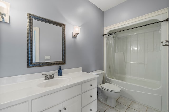 full bathroom featuring toilet, tile patterned flooring, vanity, and shower / bath combination with curtain