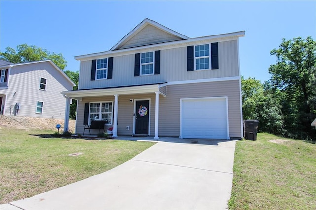 view of property with a front yard, a porch, and a garage