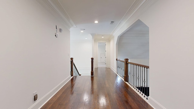 7718 River Crest Dr, Columbus, GA 31904 - hallway with an upstairs landing, ornamental molding, hardwood / wood-style flooring, recessed lighting, and baseboards