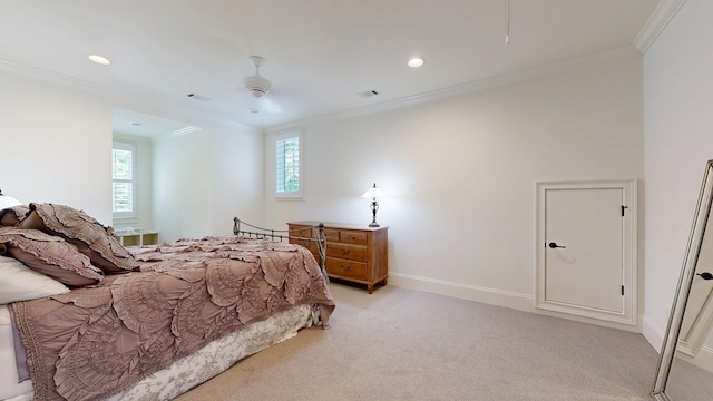 7718 River Crest Dr, Columbus, GA 31904 - bedroom featuring crown molding, light carpet, recessed lighting, baseboards, and ceiling fan